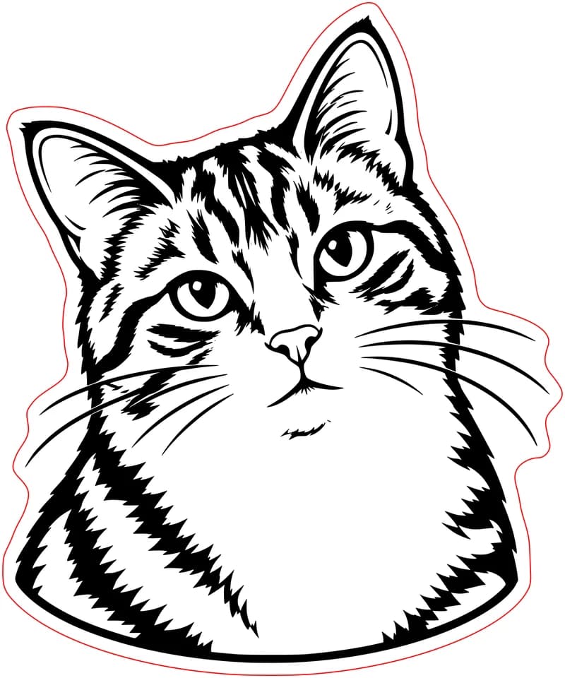 The same cat's ears, tabby markings and white bib converted to black engraving artwork with a red outer cut line