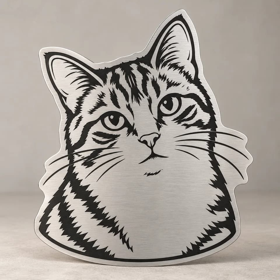 Visualisation of the same ginger-and-white cat engraved on a solid brushed-metal silhouette