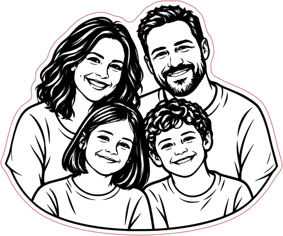 The same four family members converted to black engraving artwork on one connected backing with a red outer cut line