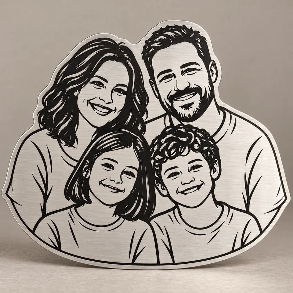 Visualisation of the same parents and children engraved on one solid brushed-metal silhouette