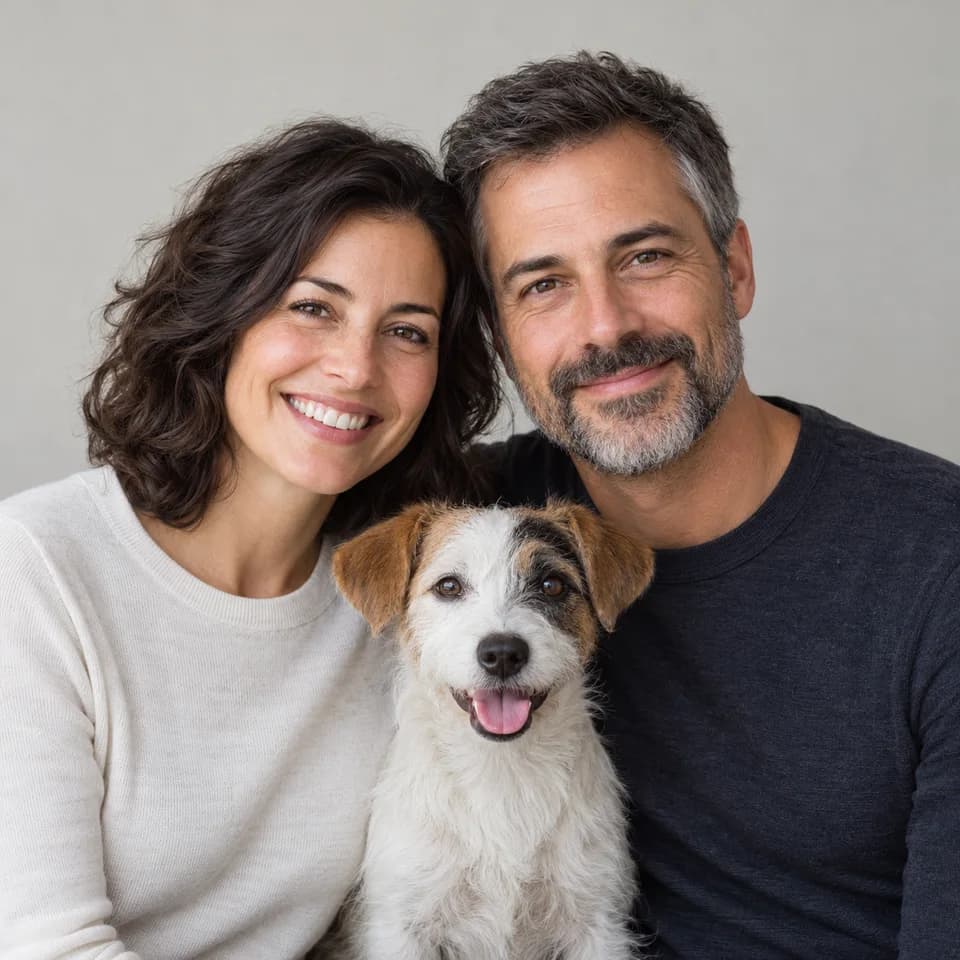AI-created reference photo of a couple sitting close together with their terrier