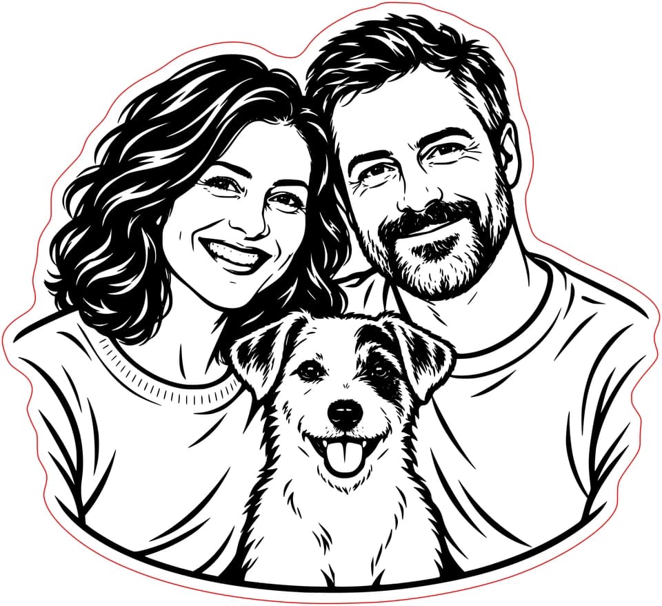 The same couple and terrier converted to engraving artwork on one connected backing with a red outer cut line