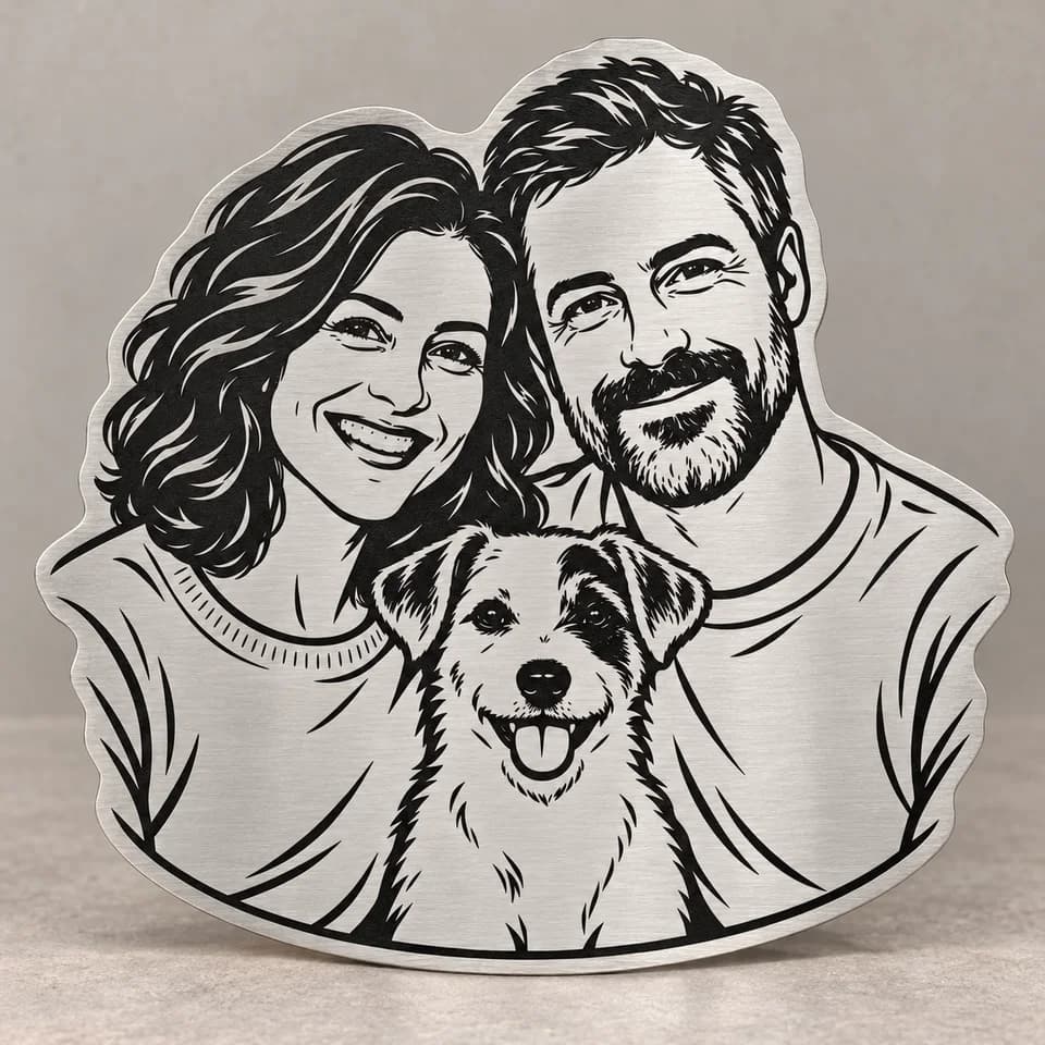 Visualisation of the same couple and terrier engraved on one connected brushed-metal silhouette
