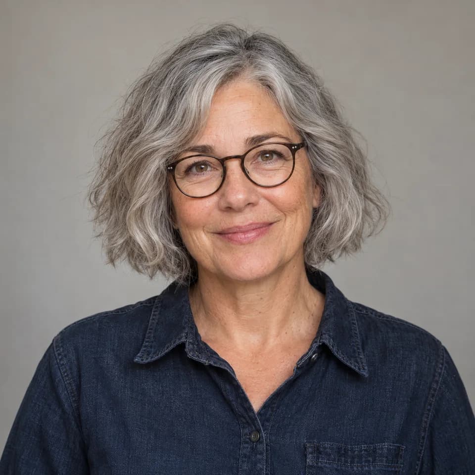 AI-created reference photo of a woman with a silver bob and round glasses