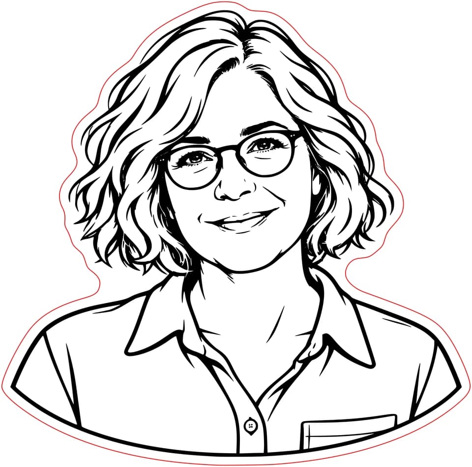 The same woman's glasses, smile and silver bob converted to black engraving artwork with a red outer cut line