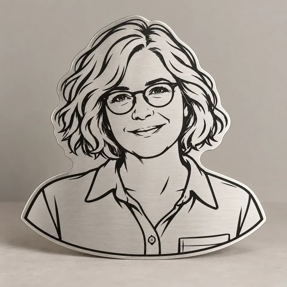 Visualisation of the same woman's portrait engraved into a solid brushed-metal silhouette