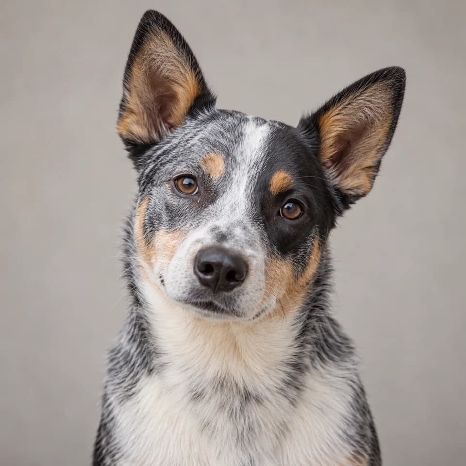 AI-created reference photo of a cattle dog with pointed ears, a white blaze and a dark eye patch