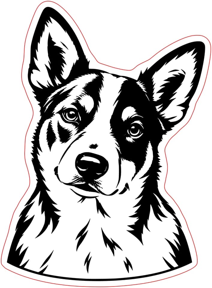 The same cattle dog's ears, blaze and eye patch converted to black engraving artwork with a red outer cut line