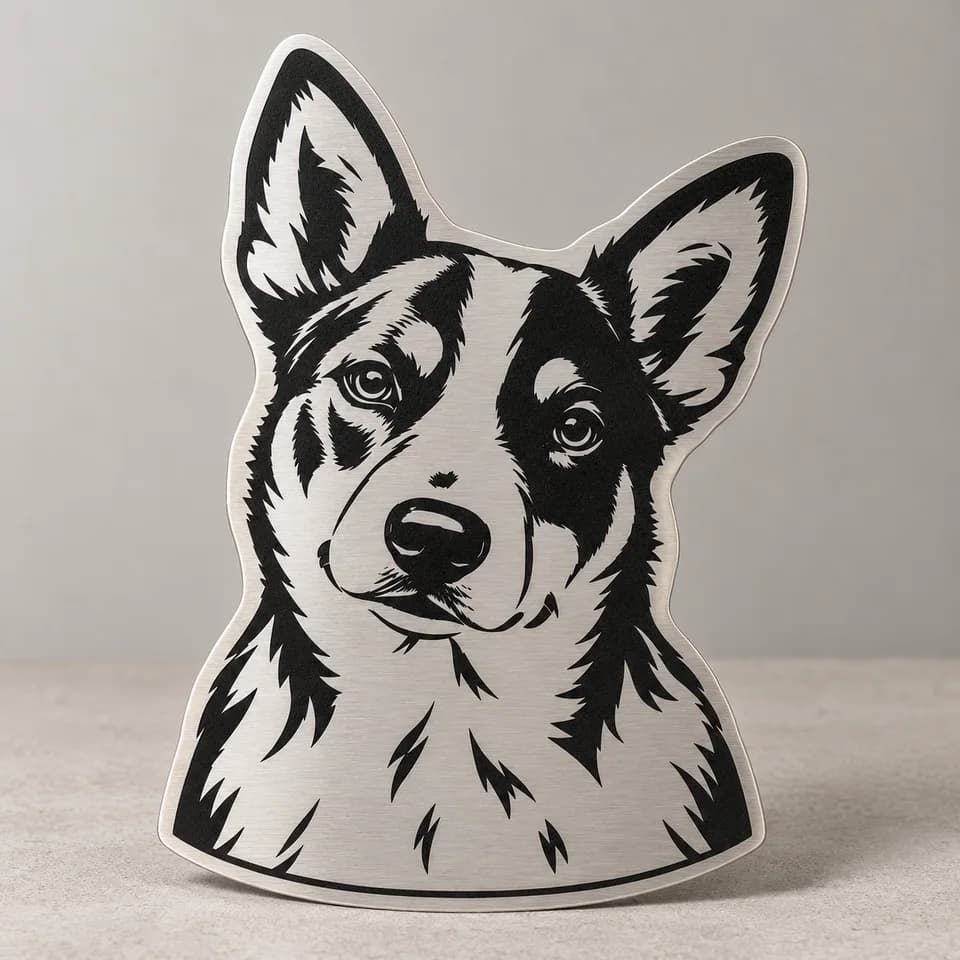 Visualisation of the same cattle dog engraved into a solid brushed-metal silhouette