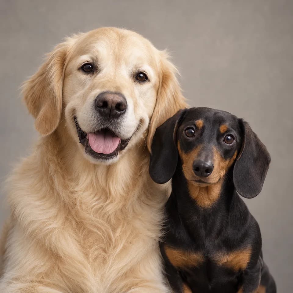 AI-created reference photo of a golden retriever beside a black-and-tan dachshund