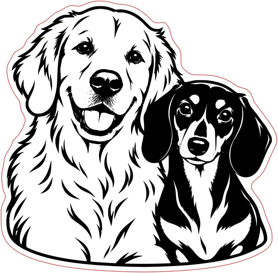The same retriever and dachshund converted to engraving artwork on one connected backing with a red outer cut line
