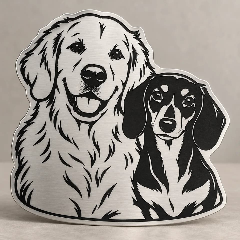 Visualisation of the same two dogs engraved together on one solid brushed-metal silhouette