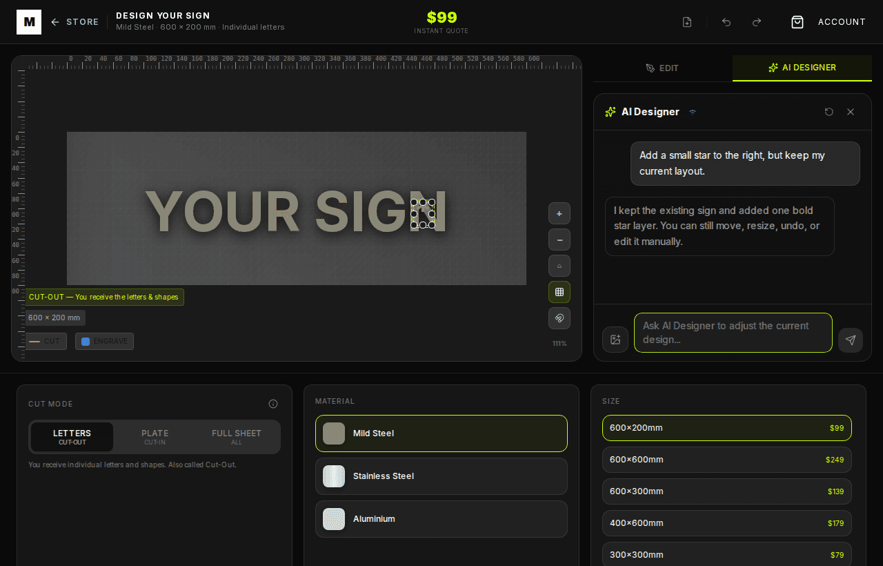 AI Designer applying canvas edits to an existing sign