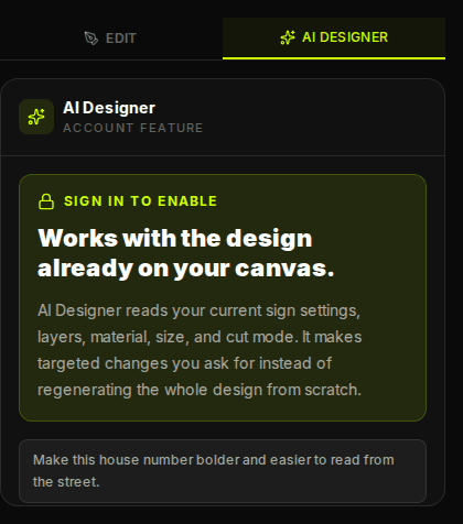 AI Designer locked panel prompting a guest to sign in