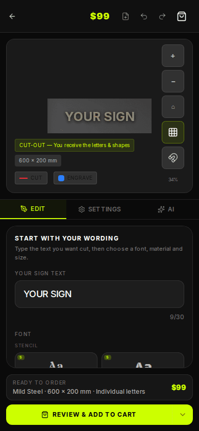 Designer mobile tabs for edit settings and AI Designer