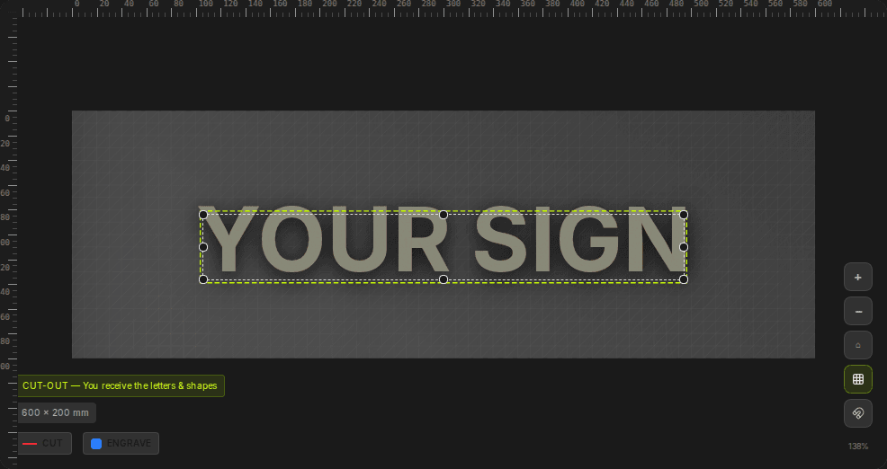Designer canvas showing laser-aware cut line preview