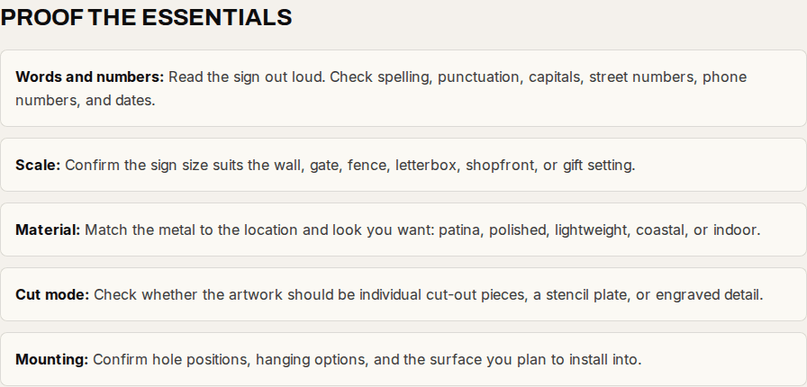 Proofing checklist for ordering a designer-created metal sign