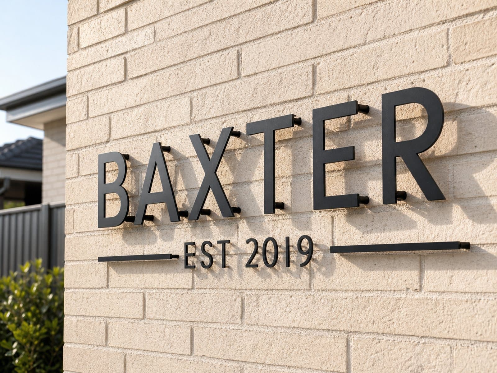 Baxter family wall sign — custom laser-cut mild steel metal sign, made in Australia