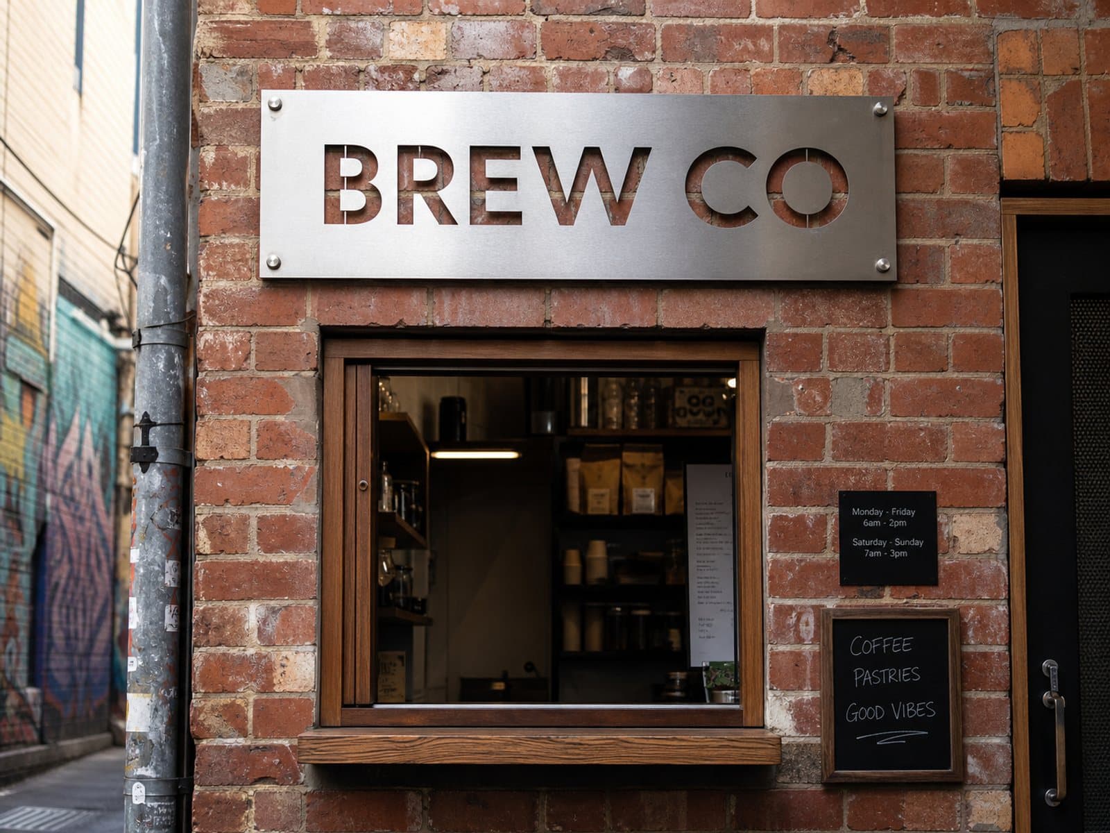 Brew Co cafe sign — custom laser-cut stainless steel metal sign, made in Australia