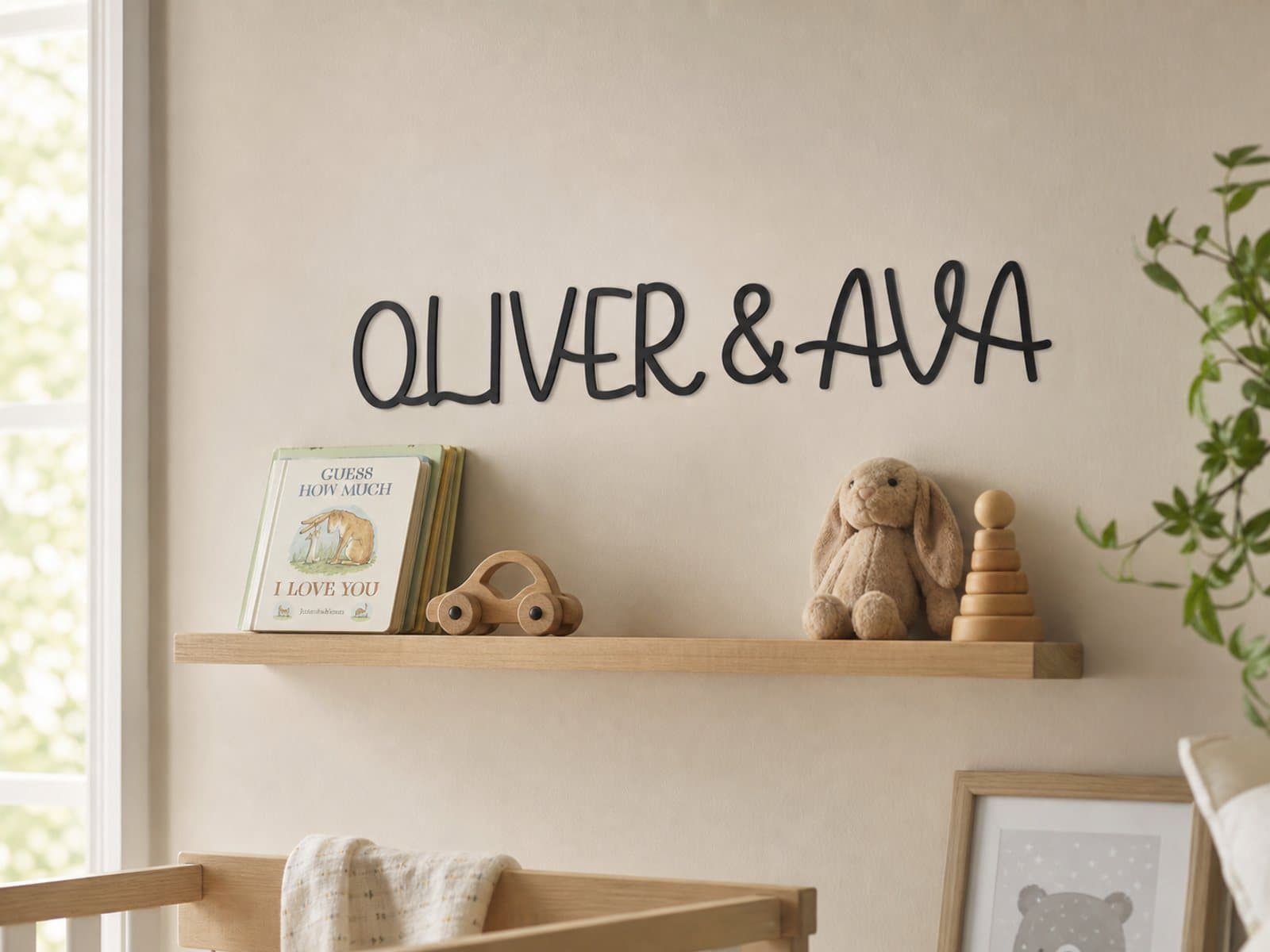 Oliver & Ava nursery sign — custom laser-cut mild steel metal sign, made in Australia